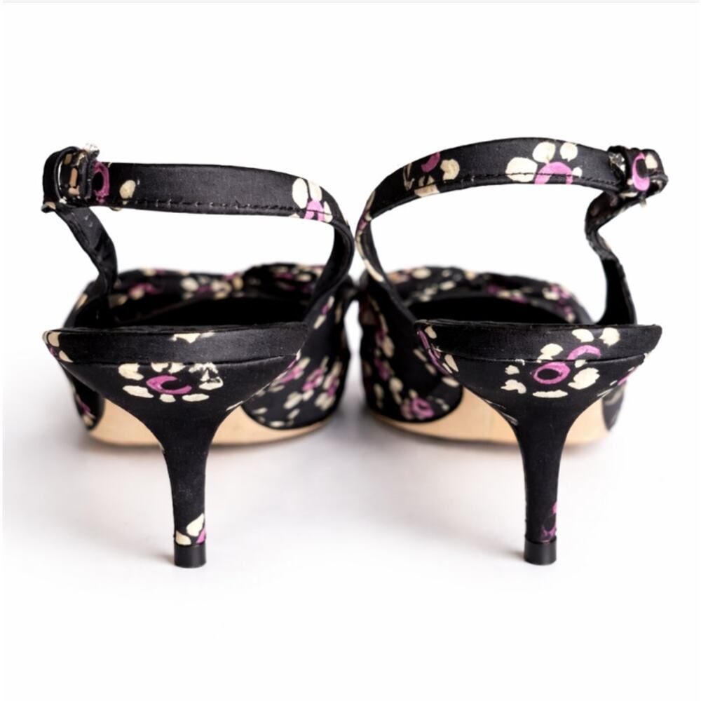 Tory Burch Rosalind 65mm Floral Satin Slingback Heels Sz 9 Black Bow Kitten Heel - Picture 2 of 4
